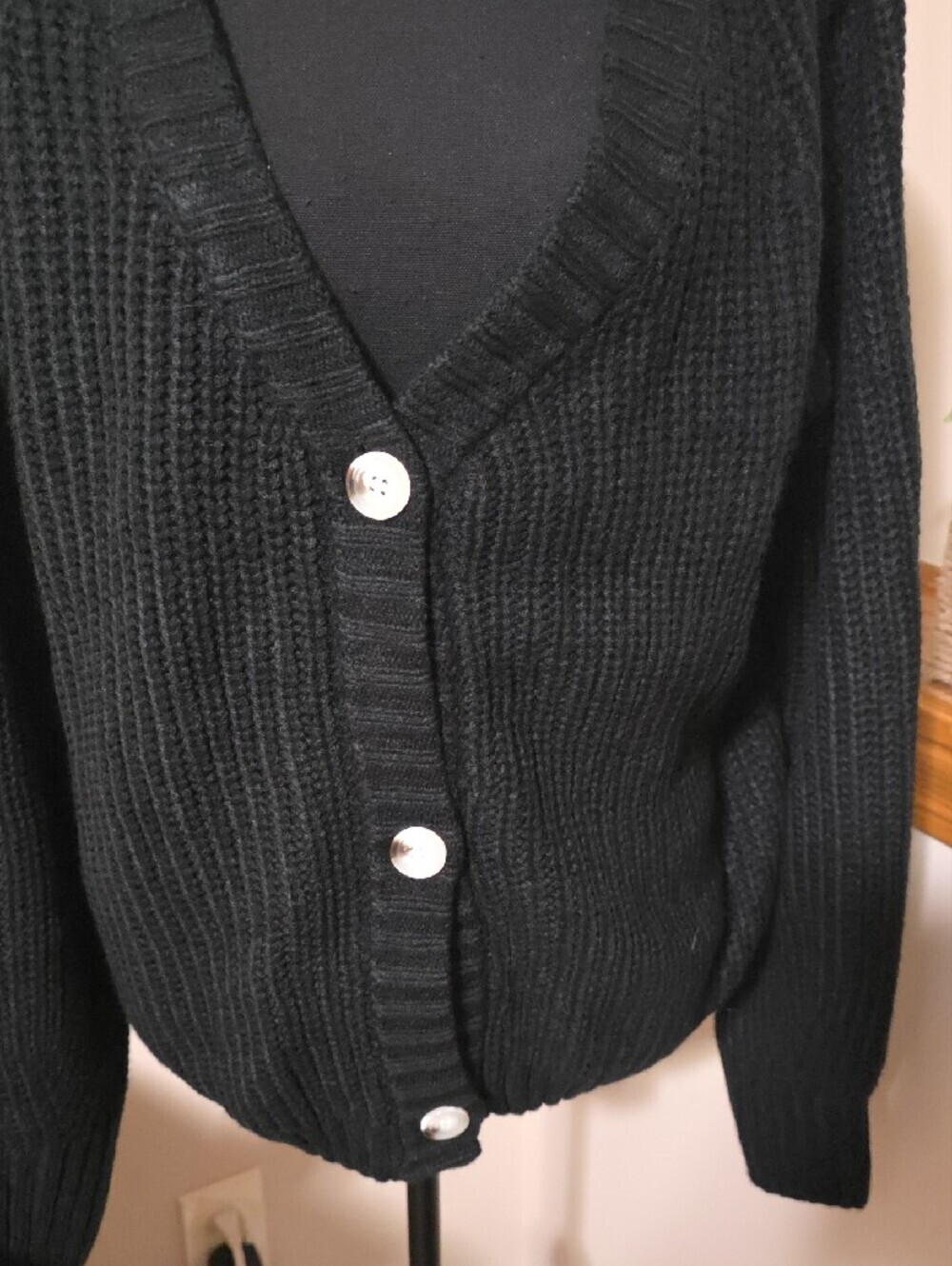 Black V-Neck Button Front Knit Cardigan for Women - Picture 2 of 10